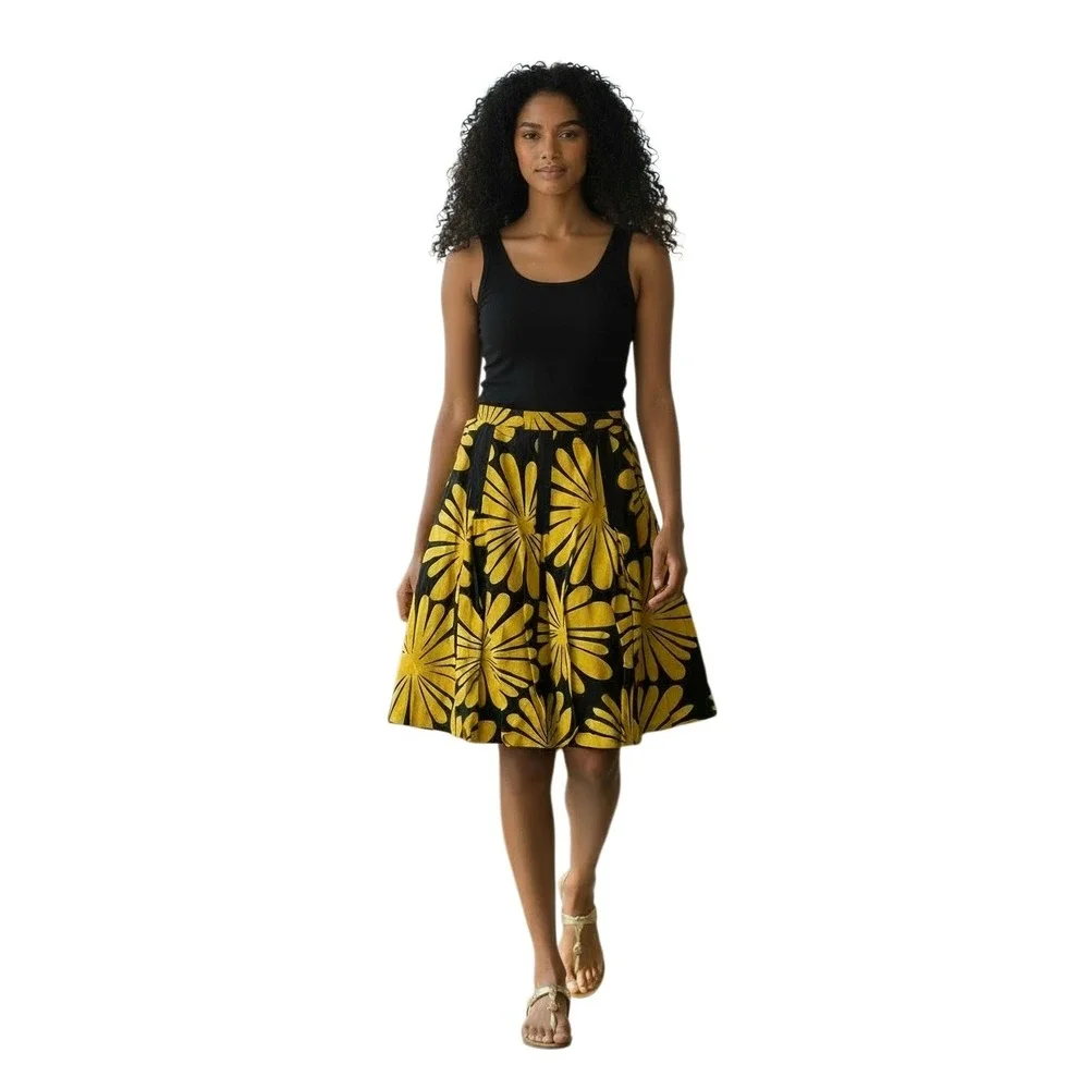 INC International Concepts Yellow Black Floral Linen Flowy Skirt SZ 8 NWT Boho